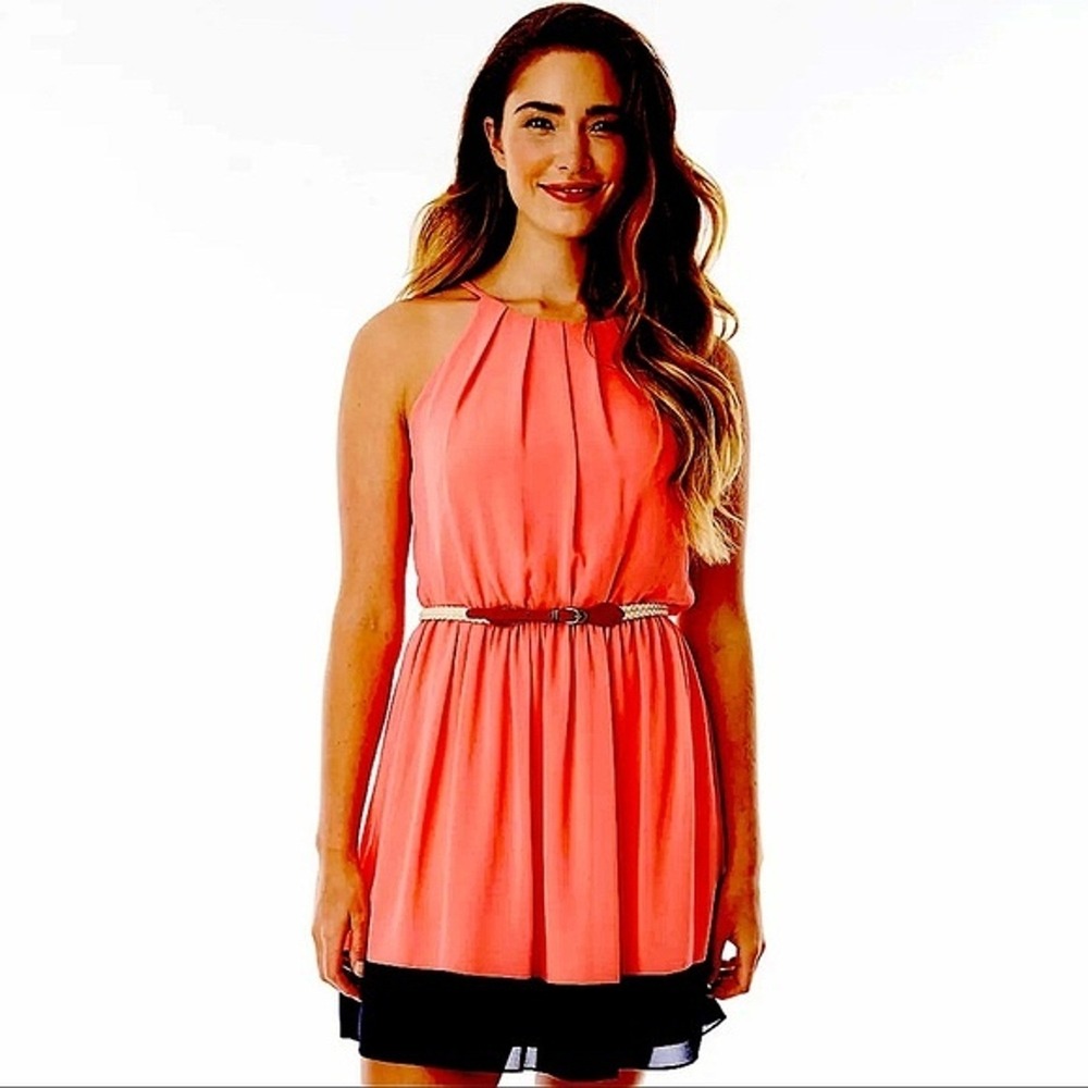 IZ Byer Pink Grapefruit Halter Dress Navy Hem Braided Belt Small 1177C6T NWT